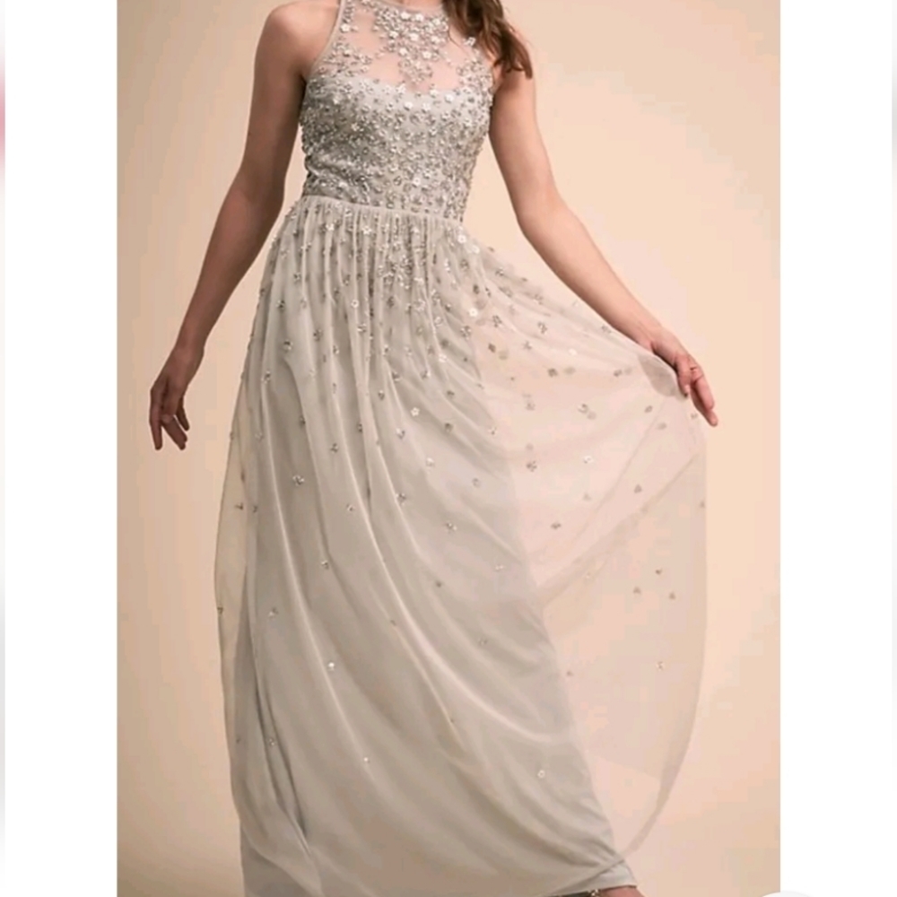 Anthropologie BHLDN GINNY SEQUIN FLOWER EMBELLISH TULLE MAXI DRESS GREY 10